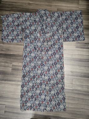 Men's Navy Blue & Red Geometric Yukata Kimono - Polyester